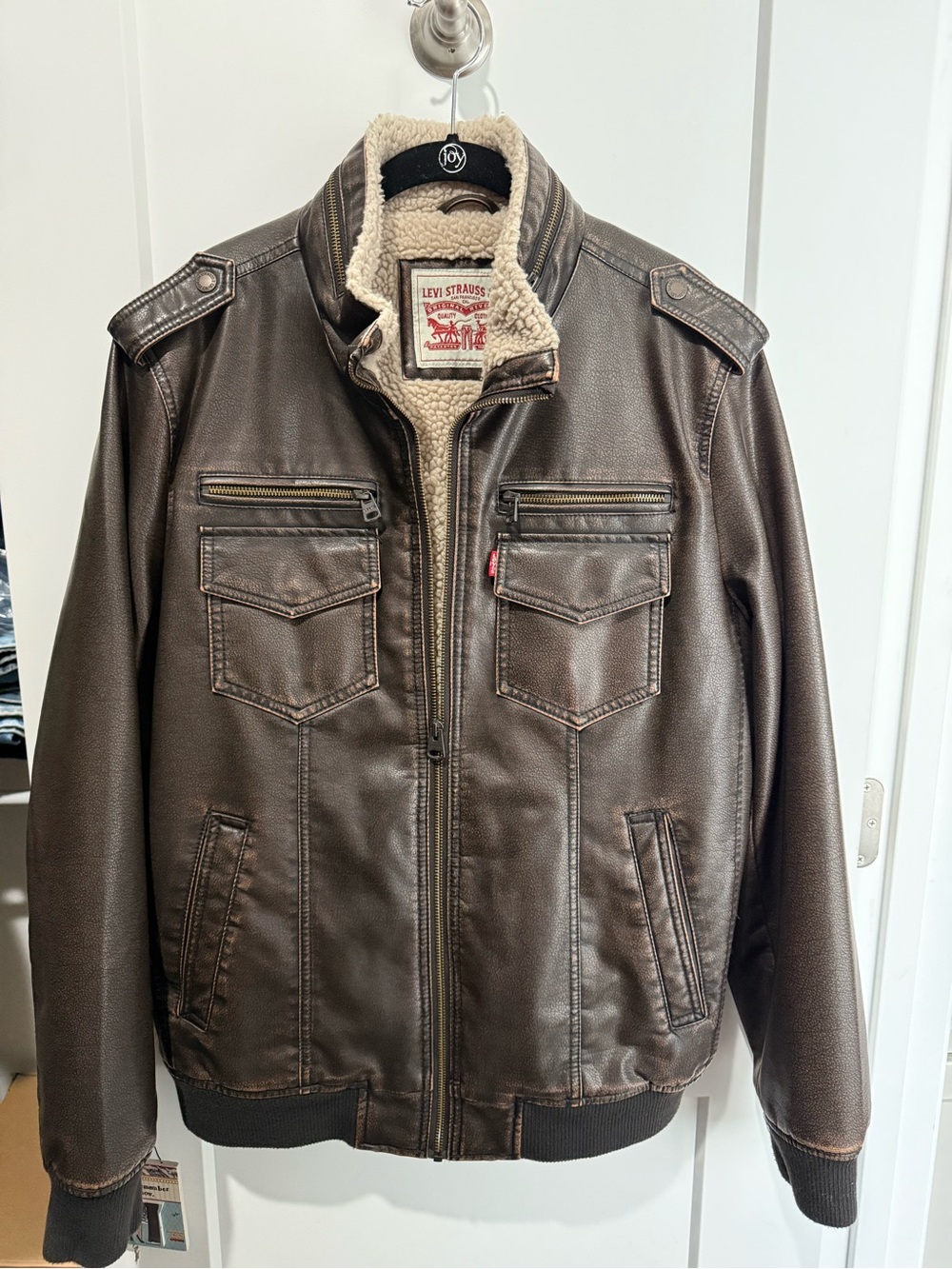 Levi's Brown Faux Leather Bomber Jacket with Sherpa Collar
